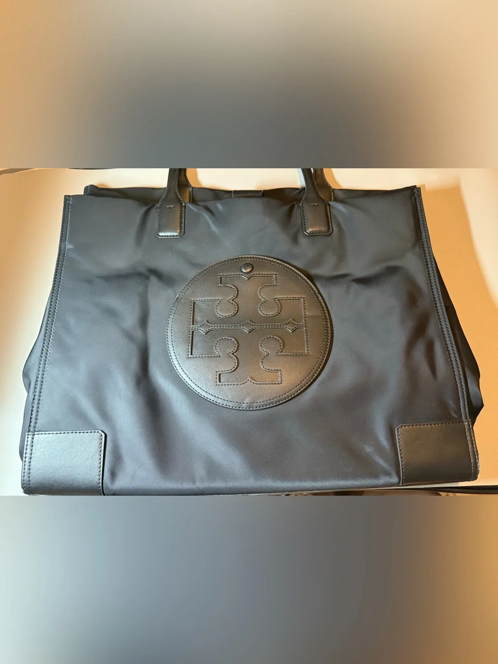 Tory Burch Ella Large Nylon Tote Black Leather Trim Work Travel Bag